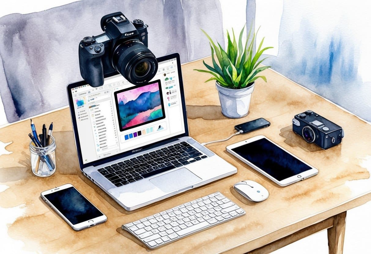 A camera positioned above a table with a laptop, smartphone, and various accessories. AI editing software interface displayed on the laptop screen