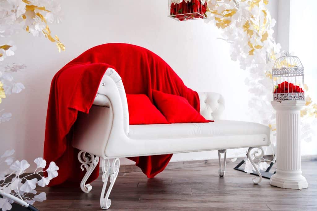 Luxury interior in white and red with sofa, bird cage with red roses. Expensive decor arrangements of jewelry for wedding or love theme. Cozy modern room with furniture and accessories. Copy space