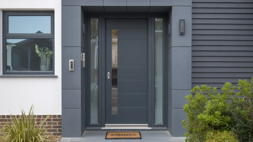 A modern aluminium front door with reinforced frame and smart lock, set against a stylish home exterior, glowing softly at night—captioned “Your First Line of Defense.”