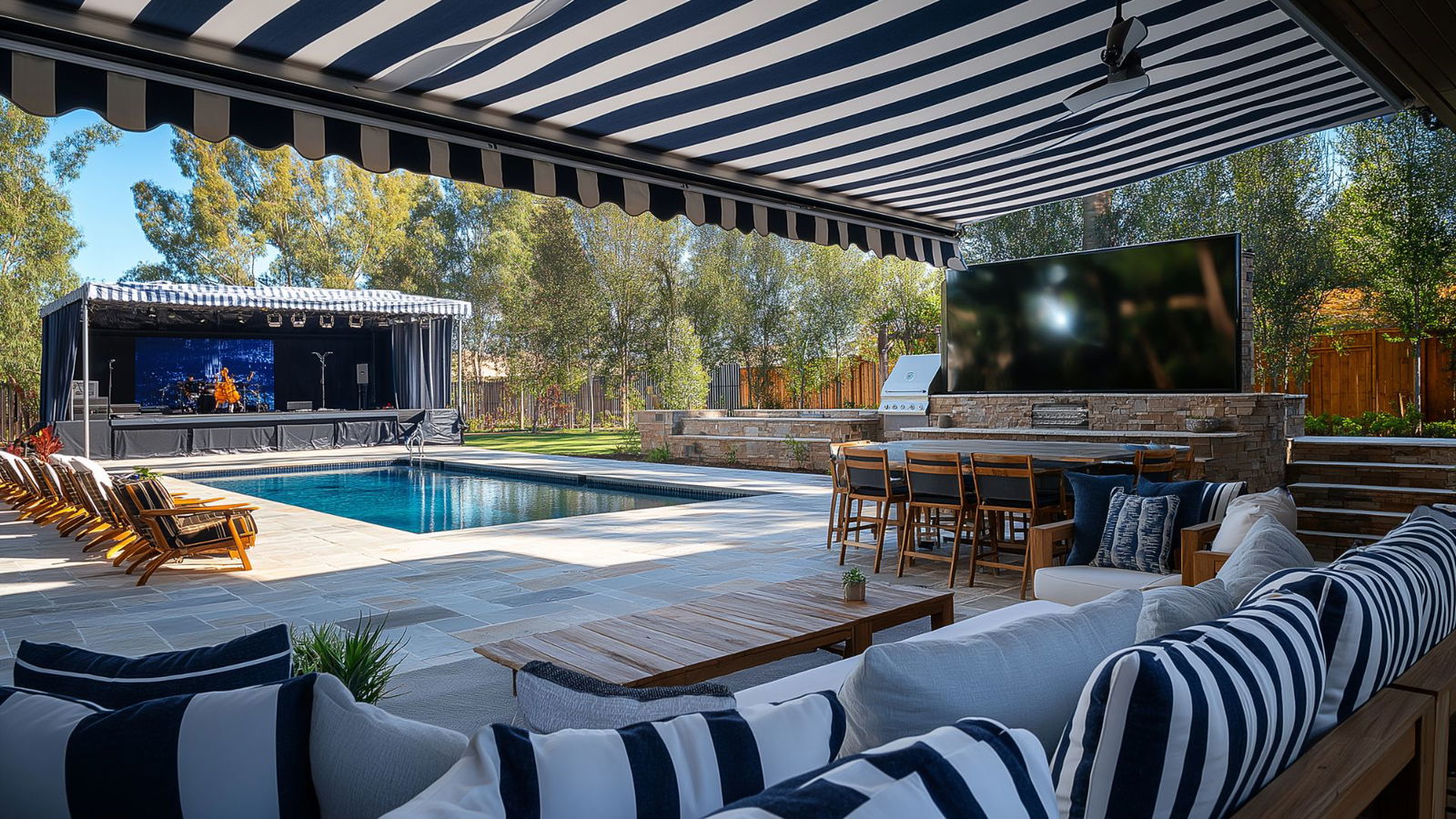 A patio with a pool and a television AI-generated content may be incorrect.