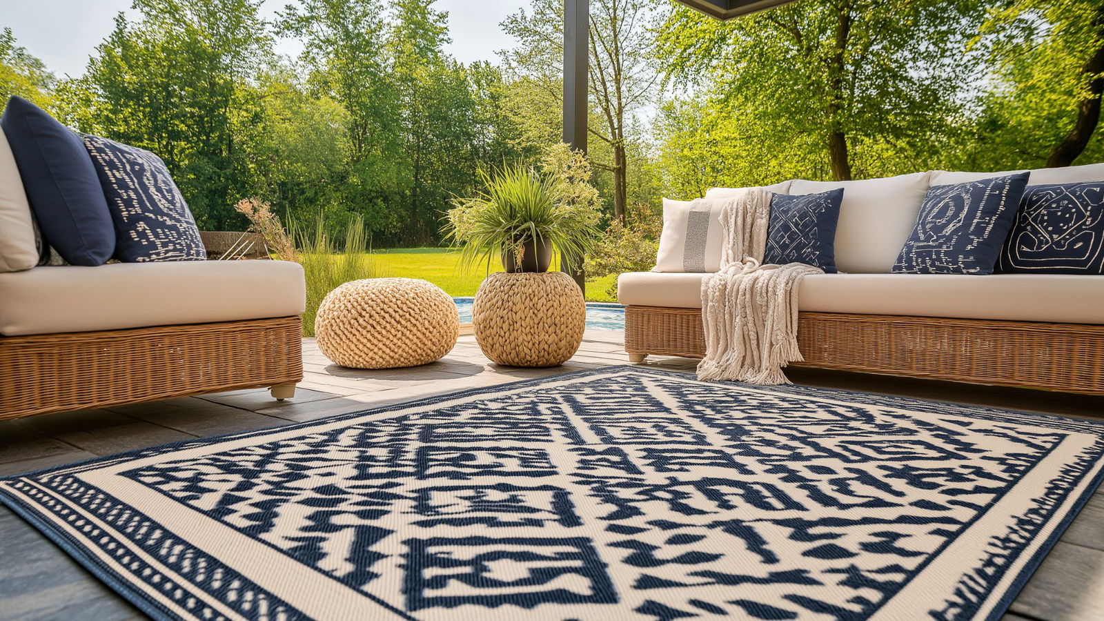 A patio with a rug and a couch AI-generated content may be incorrect.